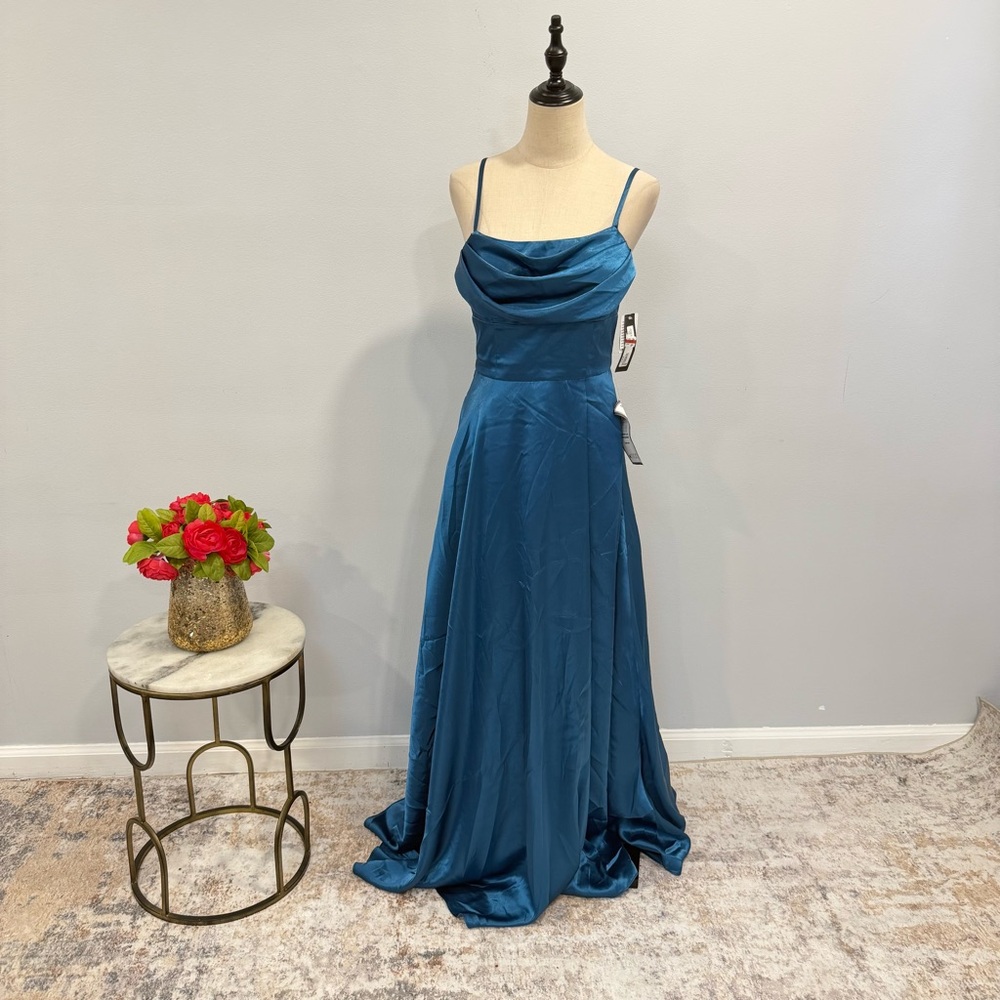 Betsy & Adam Aqua Blue Satin Empire-Waist Cowl Neck Formal Gown - Reemoly